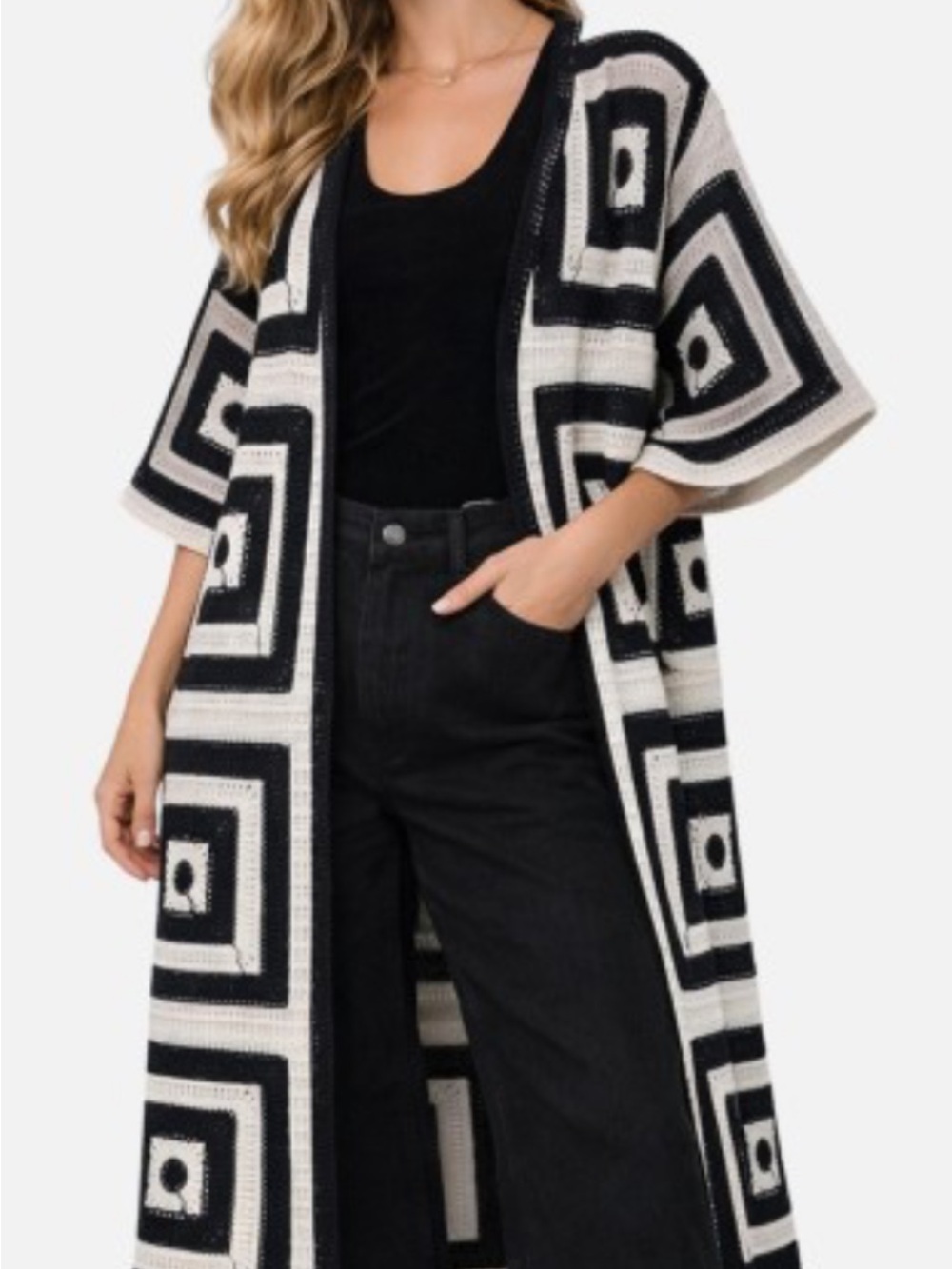 Black & White Geometric Open Front Long Cardigan OSFA
